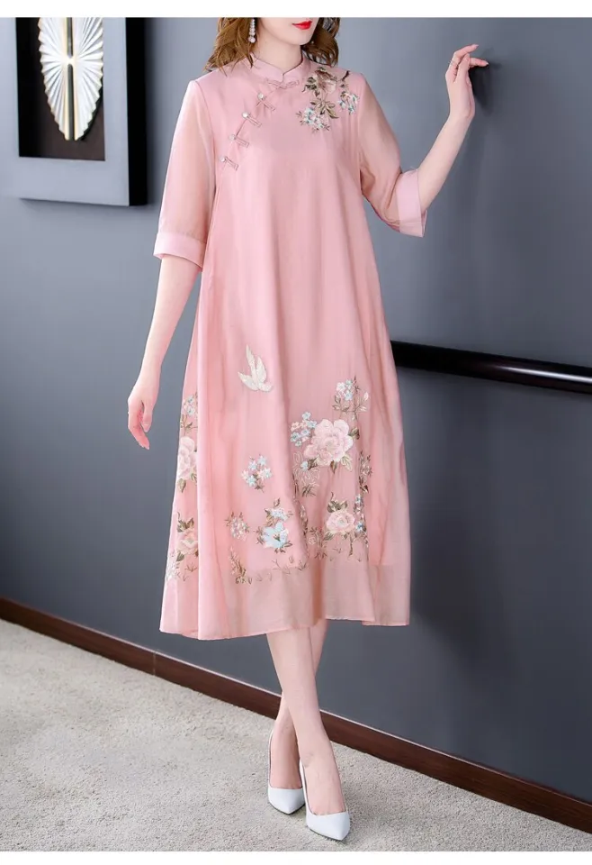 Summer Pink Embroidery Floral Mulberry Silk Midi Dress Women