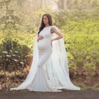 Long Tulle Cape Maternity Photogrpahy Long Dress Baby Shower Stretchy White Dress Sleeveless Pregnancy Woman Photo Shoot Dress