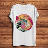 Cute Neko Cat Kaiju The Great Wave Off Kanagawa Funny Ukiyo Tshirt Men White Short T Shirt Homme