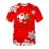 เสื้อยืดคอกลมพิมพ์ลายซานต้า3D สำหรับผู้ชาย Unisex Oversized Christmas Short Sleeve Top