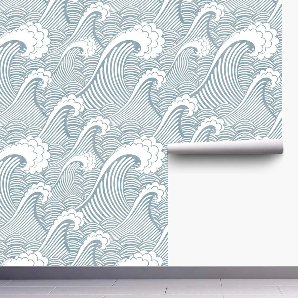 Blue White Waves Peel and Stick Wallpaper Handpainting Seamless