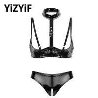 Women Wet Look Patent Leather Lingerie Set y Open Cups Bra Top With Open Crotch Briefs Underwear Set y Nightwear