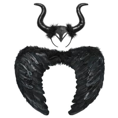 Kids Witch Costume Accessories Black Feather Wings Horn Headband Halloween Carnival Pageant Dress Up Child Size