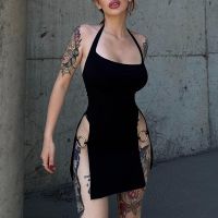 【CW】۞✖  Goth Dark Backless Mall Gothic Split Dresses Y2k Punk Hollow Out Side Halter Grunge O-ring Night Partywear