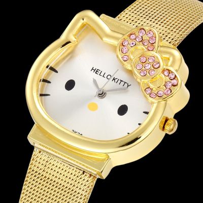 Hello นาฬิกาข้อมือควอตซ์ สายคล้องเหล็กสีเงินและทอง แฟชั่นสตรี นาฬิกาผู้หญิง นาฬิกาการ์ตูน นาฬิกาหรูหรา