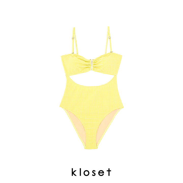 kloset-kk22-sw007-open-front-gingham-one-piece-ชุดว่ายน้ำ-วันพีช-ชุดว่ายน้ำผู้หญิง