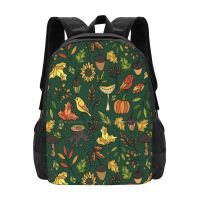 【LZ】◘▽  Mochila para Meninas Adolescentes Laptop Travel Bags Bolota Padrão de Folha Pássaro Cogumelo Baga Natureza Carvalho Outono Temporada Carvalho Brilhante Outono