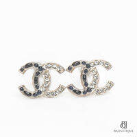 CHANEL EARRING CC LOGO 1.5 CM BLACK SILVER CRYSTAL SHW