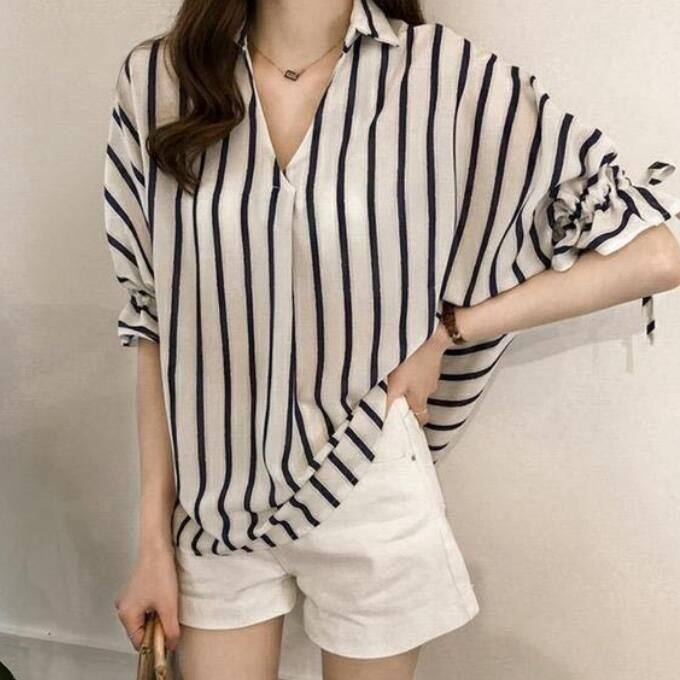 M-4XL Plus Size Korean Style Women Stripe Shirt V-neck Casual