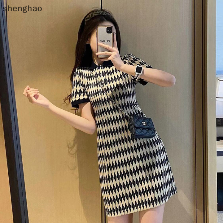 shenghao-เดรสสั้นพิมพ์ลายคอเสื้อของผู้หญิงแนวย้อนยุคลำลองบางฤดูร้อน