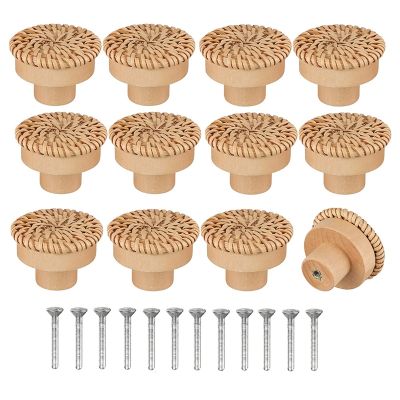Boho Rattan Dresser Knobs Round Wooden Drawer Knobs Handmade Wicker Woven and Screws for Boho Furniture Knobs