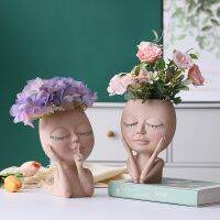 Resin Face Flower Pot Head Flower Pot Succulent Planter Suitable Home Bedroom Garden Decor Vase with Drainage Hole Closed Eyes