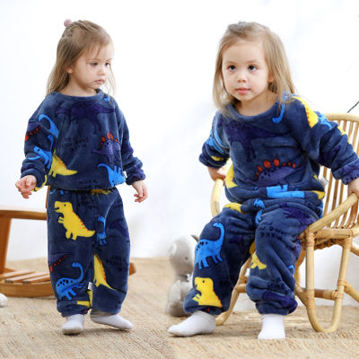 เด็กอ่อนสักหลาด Homewear ฤดูใบไม้ผลิฤดูใบไม้ร่วงใหม่ไดโนเสาร์เด็กชุดนอนหมีชุดนอนสำหรับเด็กสาวชุดนอนชุดเสื้อผ้า2-6Years