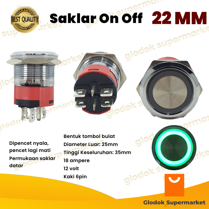 Switch Metal 22mm Push On Off Lampu 6 Pin 18A Saklar Stainless 6pin LED ...