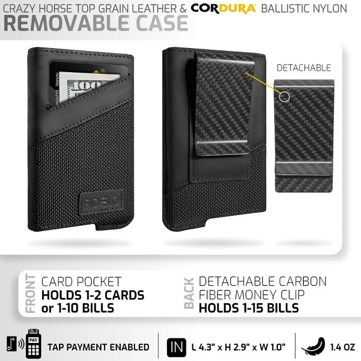 fidelo-minimalist-wallet-for-men-slim-credit-card-holder-rfid-mens-wallets-with-3k-carbon-fiber-money-clip-removable-black-leather-case-crazy-horse-leather-amp-cordura-ballistic-nylon-3k-carbon-fiber-