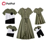 【YF】 PatPat Family Matching Outfits 100  Cotton Short-sleeve Button Front Belted High Low Hem Dresses and Colorblock T-shirts Sets