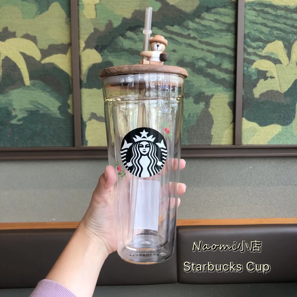 Japanese style Starbucks sakura Wooden Tumblers cover glass Straw cup 591ML  Cherry blossom Double layer coffee