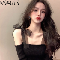 WAKUTA Korean Girls New Knitted Tops Mesh Bow Tie Sexy Off Shoulder Black Pullovers Skinny Elegant Short Jumper Womens Clothes