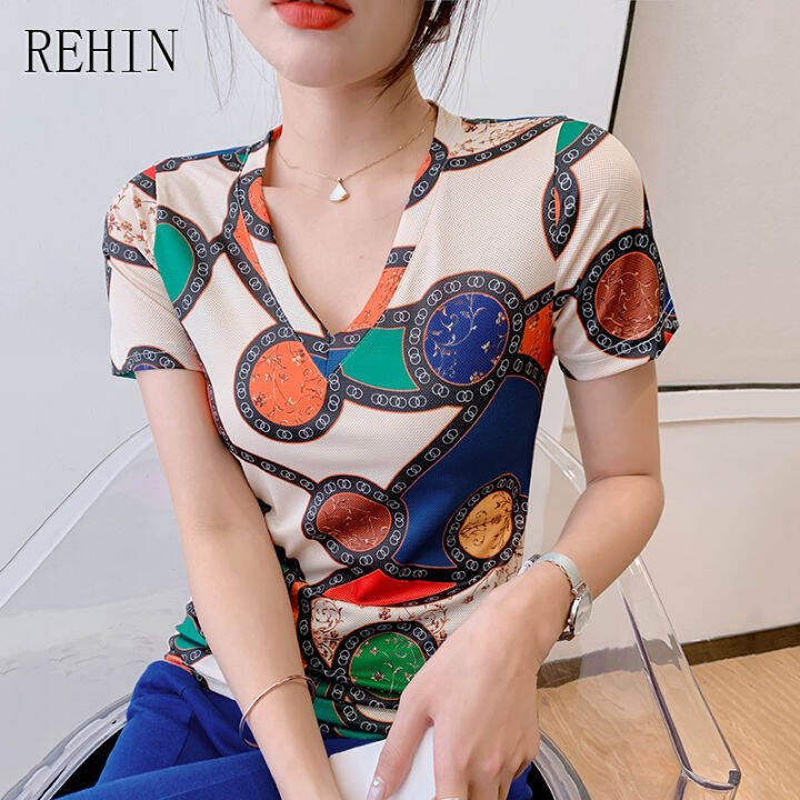 rehin-เสื้อยืดผู้หญิงคอวีแขนสั้นคอตตอน-เสื้อคอวีพิมพ์ลายไม่เหมือนใครแฟชั่นใหม่ฤดูร้อน