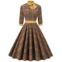 [COD] Foreign trade autumn and winter plaid high collar green three-quarter sleeves bow tie Hepburn style European retro swing dress