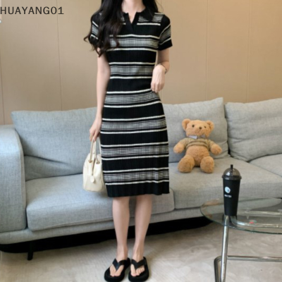 HUAYANG01 [2023 new HOT FASHION] lazlook ชุดเดรสถักลายทางวินเทจสำหรับผู้หญิงชุดเดรสแขนสั้นคอเปิดลงแฟชั่นเกาหลีสำหรับฤดูร้อน