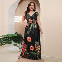 Hot Fat Mm Size Ice Silk Printed Dress Bohemia Plus Fat Plus Size V-Neck Dress