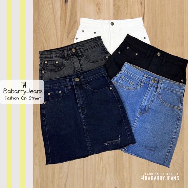 พร้อมส่ง-babarryjeans-กระโปรงยีนส์-ผ้ายืด-แต่งขาด-ทรงสอบ-เอวสูง-ผญ-ปลายตัด