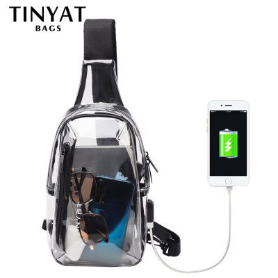 TINYAT กระเป๋าสะพายไหล่ใสสะพายข้างขนาดเล็กพร้อมพอร์ตชาร์จ USB   กระเป๋าสะพายข้างลำลองสำหรับผู้หญิงผู้ชาย