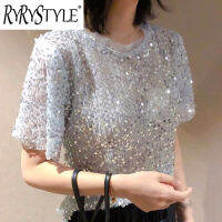 ร้อน, ร้อน★Womens Sequined Top Ins Super Fire Fashion Bling Shiny Round Neck Short-sleeved T-shirt Female Loose Thin Bling Glitter T-shirt