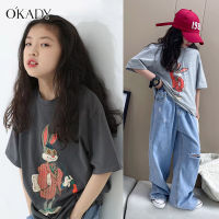 OKADY เสื้อผ้าเด็กแขนสั้นสำหรับเด็กผู้หญิง,เสื้อยืดหลวมพิมพ์ลายการ์ตูนแขนสั้นสำหรับเด็กผู้ชายและเด็กผู้หญิง