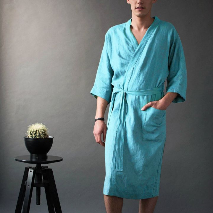 เสื้อคลุมอาบน้ำชุดราตรีผ้าลินินสีทึบยาวของผู้ชายเสื้อคลุมอาบน้ำกิโมโน-sp-เสื้อคลุมยาวผูกเชือกสำหรับฤดูร้อน