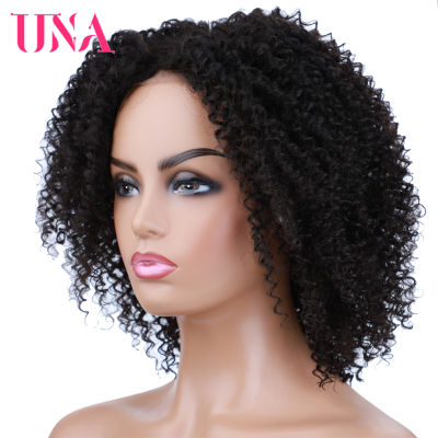 UNA วิกผมสังเคราะห์สั้น Afro Kinky Curly Natural Middle Part วิกผมลูกไม้สำหรับผู้หญิงสีดำธรรมชาติ Afro ผมผสม ~