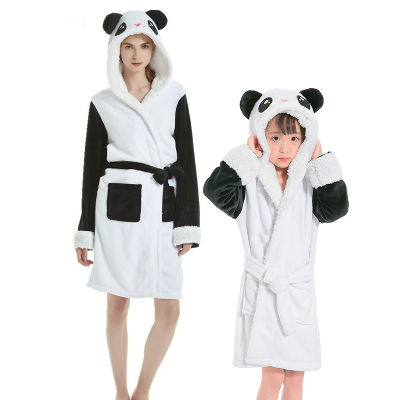 Winter Flannel Bathrobes Women Cartoon Unicorn Panda Bath Robe Pajamas Adults Dressing Gown Hooded Animal Sleepwear Girls Robes