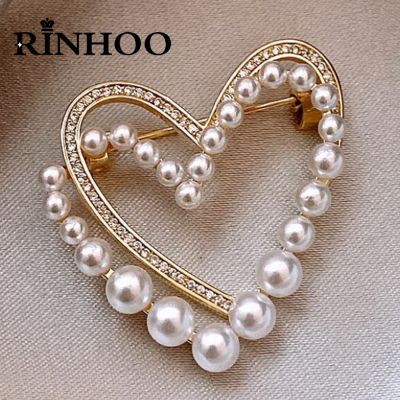 Rinhoo Double Layer Love Heart Brooches For Women Elegant Rhinestone Imitation Pearl Heart Pins Sweater Cardigan Buckle Jewelry
