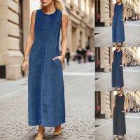 Plus ขนาดกระเป๋าแขนกุด Denim ผู้หญิงหลวม O คอ Vintage Maxi เดรสฤดูร้อนหญิง Streetwear Vestidos Y2k