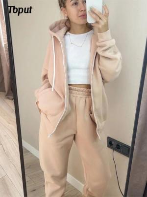 Women Fleece Coat Two Piece Sets Solid Drawstring Zip Sweatshirt And Straight Trouser Suits Female Casual Warm Sports Outfits