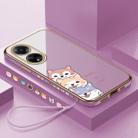 [ฟรีสายคล้อง] สำหรับ OPPO A1 5G A98 5G F23 5G เคสมือถือการ์ตูนสุนัขน่ารักขอบสี่เหลี่ยมเคสโทรศัพท์นิ่มชุบหรูหราเคลือบเคสโทรศัพท์