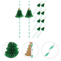 Boomss【New】 10 ชิ้นกระดาษ Xmas Tree Honeycomb Straws Christmas Drinking Straws Party Supplies