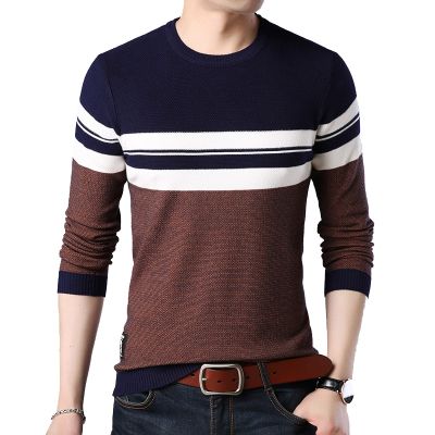 HOT11★BROWON Brand 2023 Autumn Sweater Men O-neck Striped Knittwear Men Slim Sweaters Male Long Sleeve Social Business Clothes Men