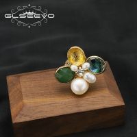 GLSEEVO Natural Freshwater Pearls Crystal Flowers Open Mouth Ring For Woman Personality Simple Charm Womens Jewelry