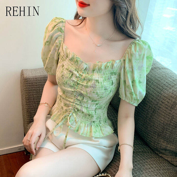 rehin-women-s-top-summer-new-korean-version-all-match-floral-slim-short-sleeved-shirt-square-collar-trend-blouse