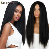 LINGHANG Synthetic Yaki Straight Wig 30 Inches Long Hair Side Part Wigs No Bangs For African American Women