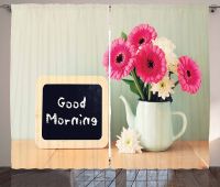 Quote Curtains Blackboard with The Phrase Good Morning Written on It Next to Vase with Fresh Flowers Window Drapes