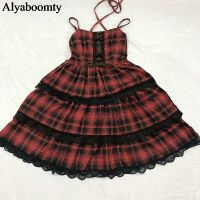 Japanese Harajuku Summer Women Streetwear Sundress Suspenders Red Plaid Bandage Dress Gothic Layered Lace Ruffles Lolita Dress