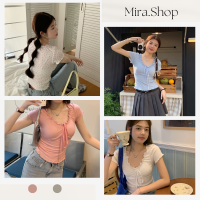 Mira_shop เสื้อครอปรัดรูป โบว์ข้างหน้าน่ารัก พร้อมส่ง คอลใหม่ 2850#