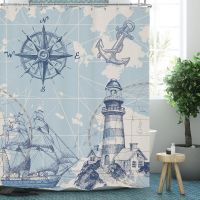 【CW】✣  Sailboat Shower Curtain Compass Lighthouse on Barn Door Pirate Fabric with Hooks