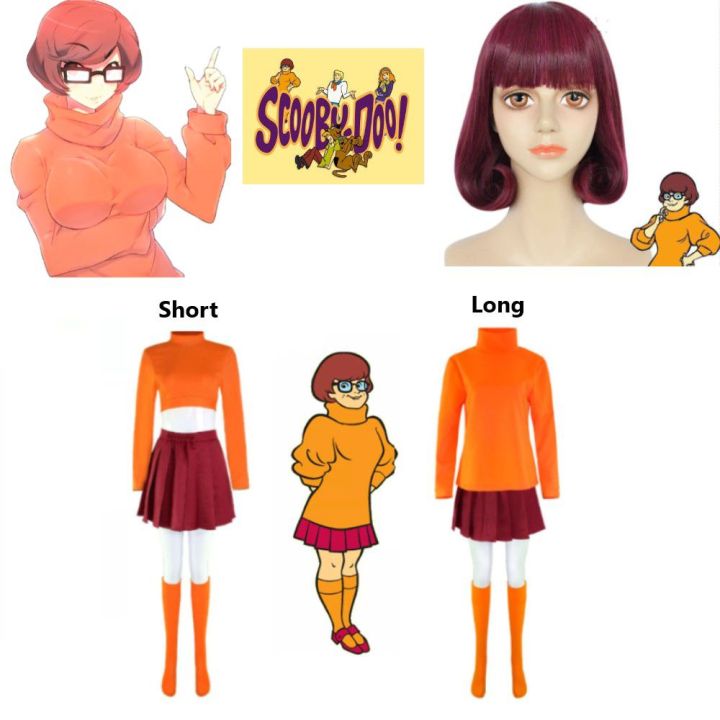 Anime Velma Cosplay Costume Movie Character Orange Uniform Halloween Costume  For Women Girls Cosplay Costume Wig