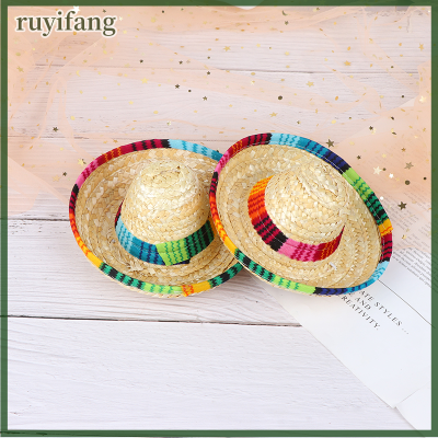 ruyifang หมวกฟางสำหรับสัตว์เลี้ยงขนาดเล็กหมวกกันแดดสำหรับแมวหมวกฟางสำหรับปาร์ตี้ริมชายหาดหมวกสุนัข