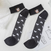 5 Pairs Women Cute Cartoon Short Cotton Socks Set Cow Print Stripe Heart Transparent Breathable See Through Crystal Silk Socks