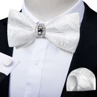 ☋○ Unique Designer White Pre-tied Bowtie with Jewel ring Wedding Mens Bow Tie Butterfly Knot for Business галстук Handkeechief Set